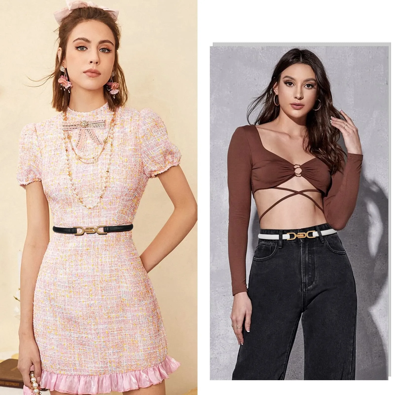 2 Pack Women Skinny Leather Belt Adjustable Fashion Dress Belt Thin Waist Belts for Ladies Girls