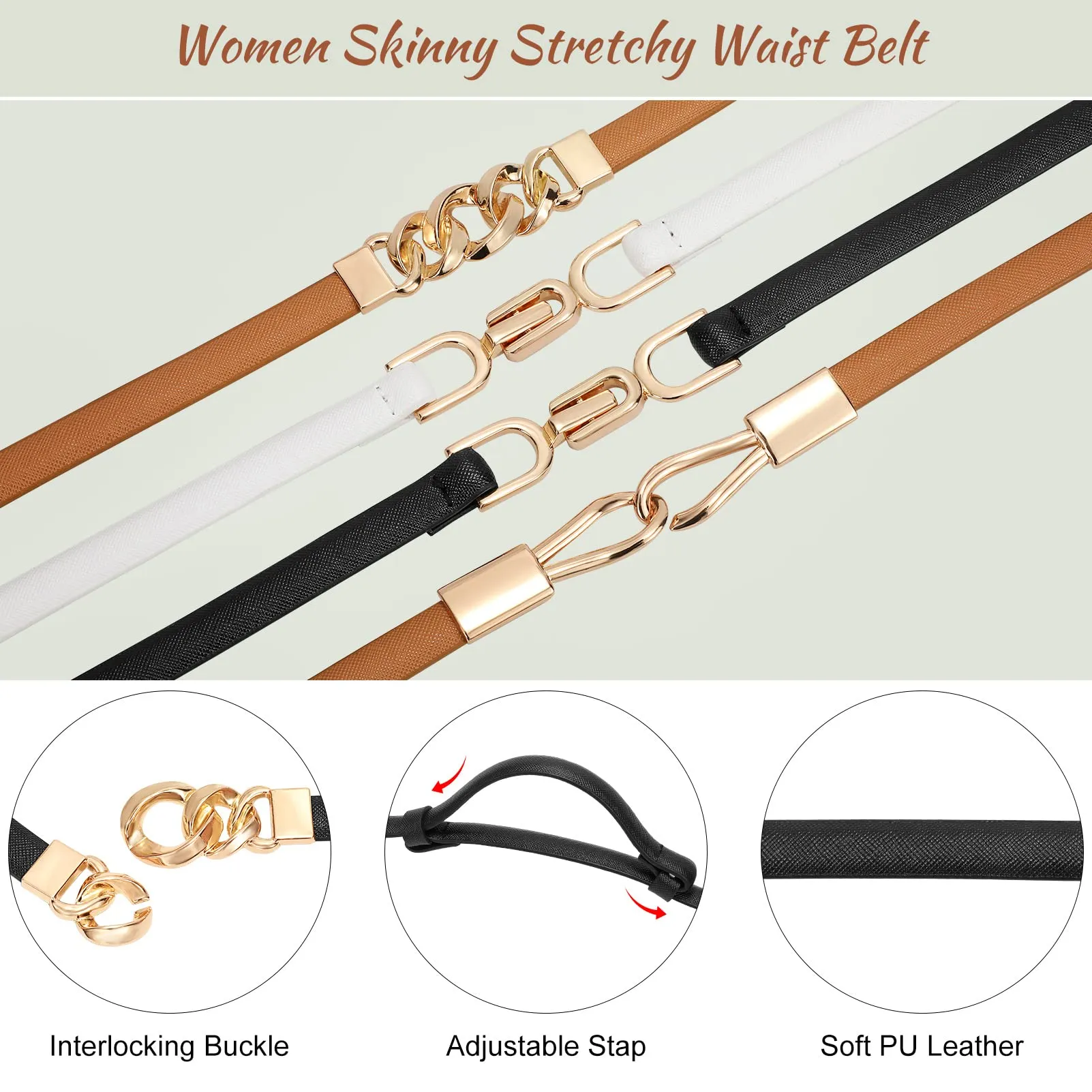 2 Pack Women Skinny Leather Belt Adjustable Fashion Dress Belt Thin Waist Belts for Ladies Girls
