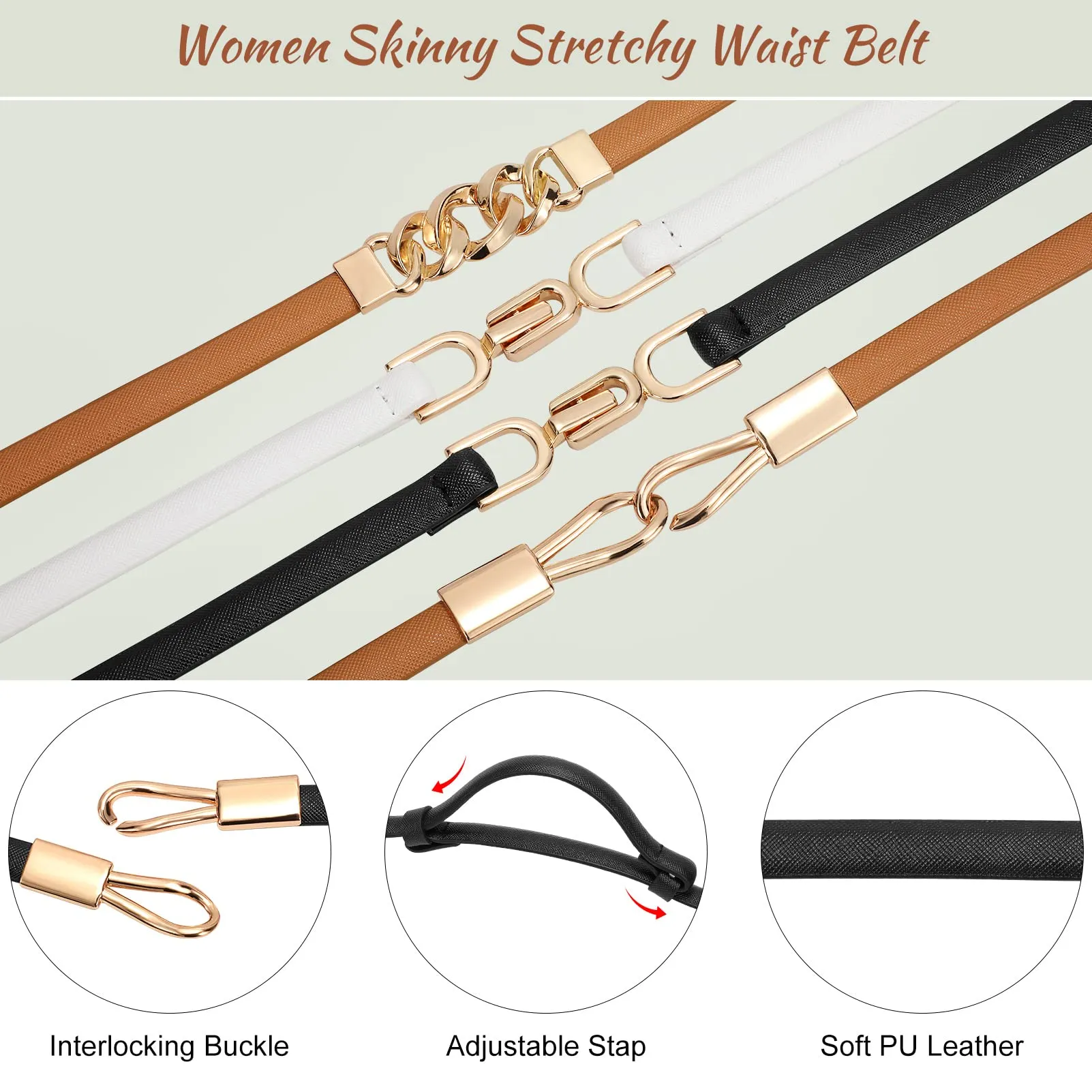 2 Pack Women Skinny Leather Belt Adjustable Fashion Dress Belt Thin Waist Belts for Ladies Girls