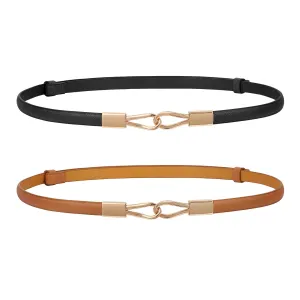 2 Pack Women Skinny Leather Belt Adjustable Fashion Dress Belt Thin Waist Belts for Ladies Girls