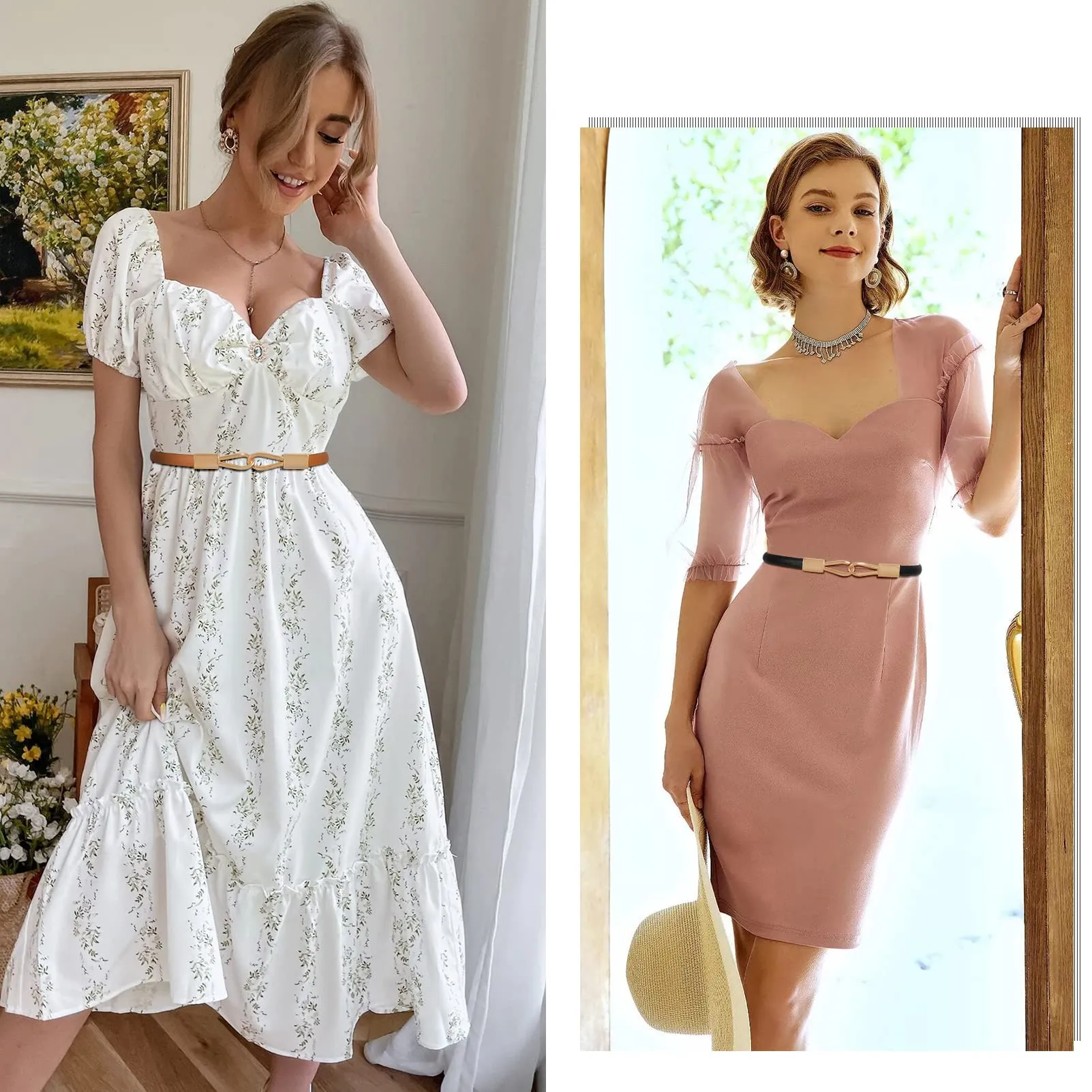 2 Pack Women Skinny Leather Belt Adjustable Fashion Dress Belt Thin Waist Belts for Ladies Girls