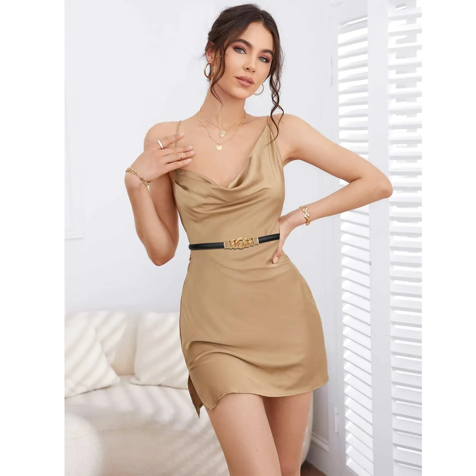 2 Pack Women Skinny Leather Belt Adjustable Fashion Dress Belt Thin Waist Belts for Ladies Girls