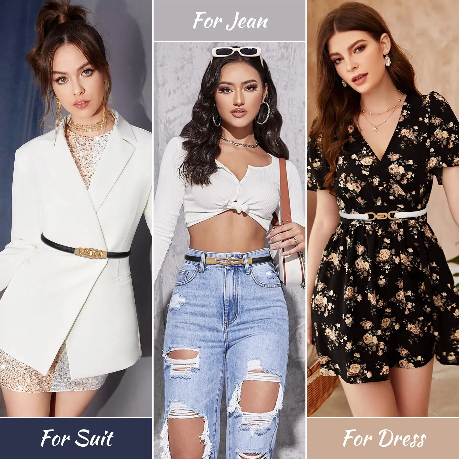 2 Pack Women Skinny Leather Belt Adjustable Fashion Dress Belt Thin Waist Belts for Ladies Girls