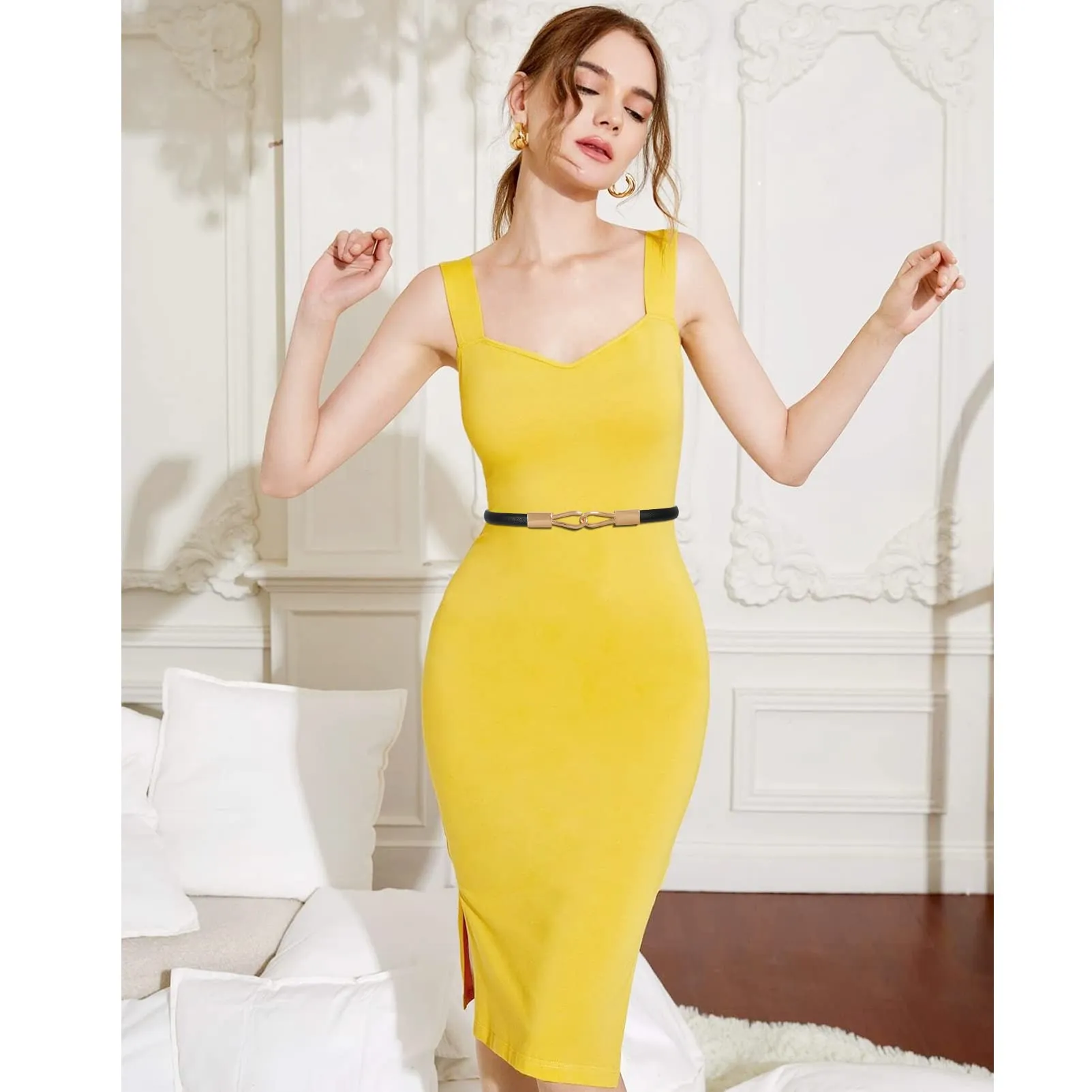 2 Pack Women Skinny Leather Belt Adjustable Fashion Dress Belt Thin Waist Belts for Ladies Girls