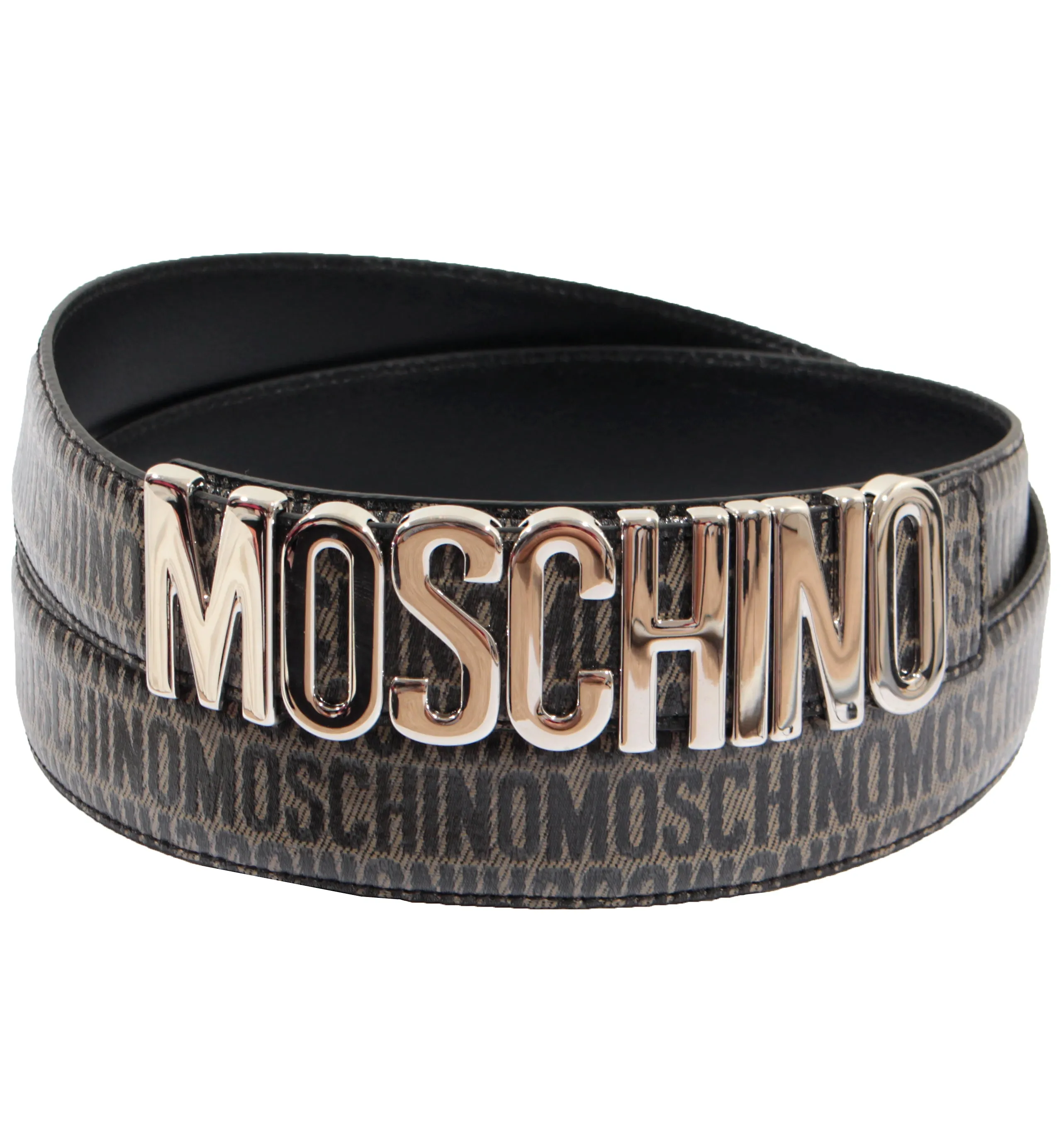 Allover Logo Leather Belt - Black & Silver
