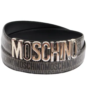 Allover Logo Leather Belt - Black & Silver