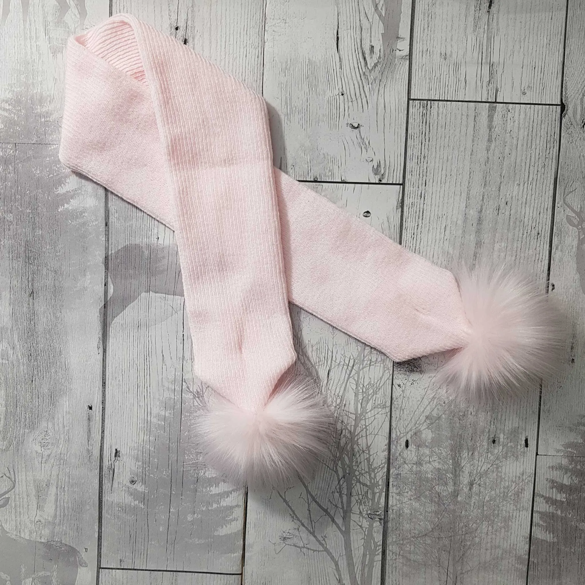 Baby Scarf with Faux Fur pom poms - Pastel Pink