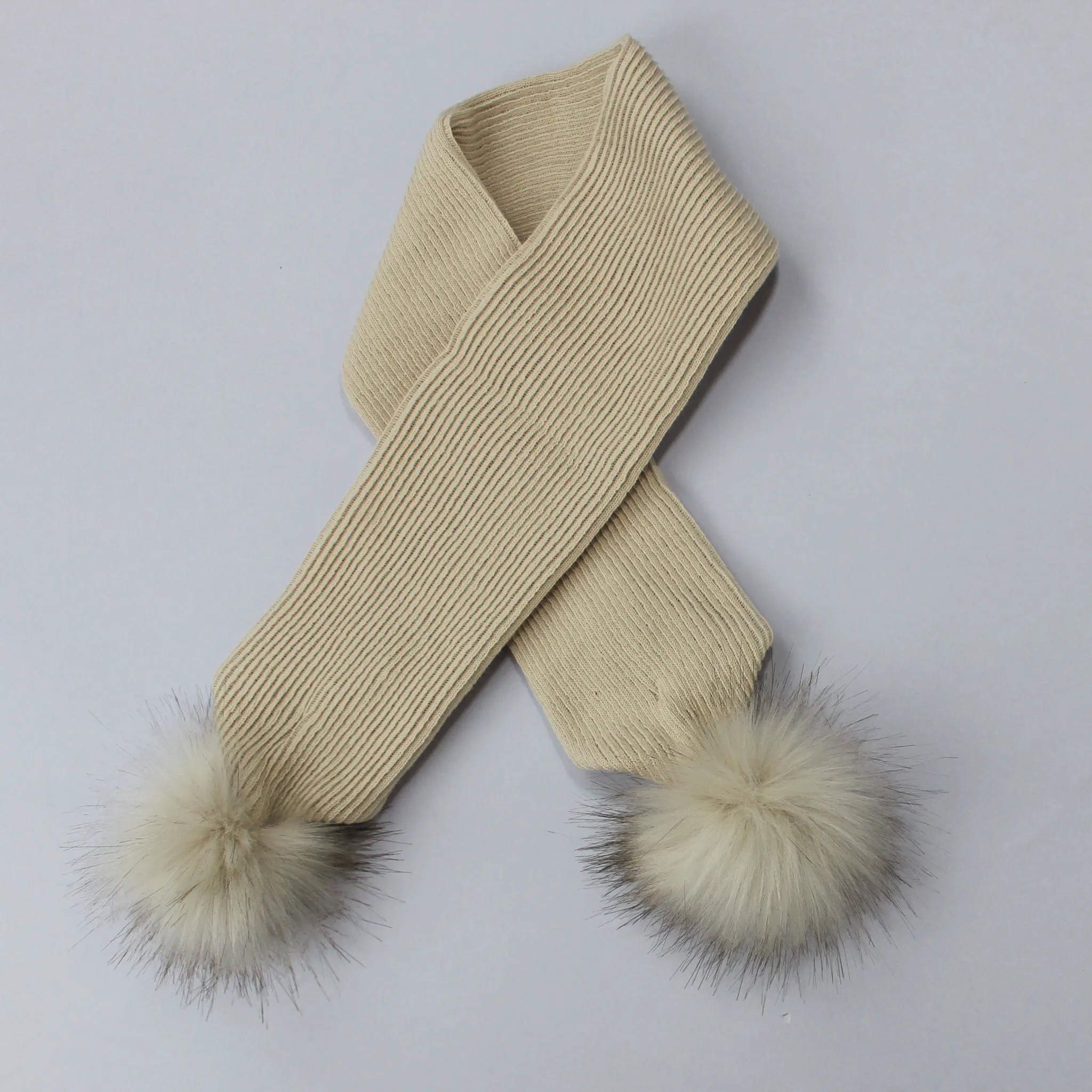 Beige Baby Scarf with Beige Faux Fur pom poms