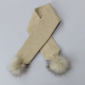 Beige Baby Scarf with Beige Faux Fur pom poms
