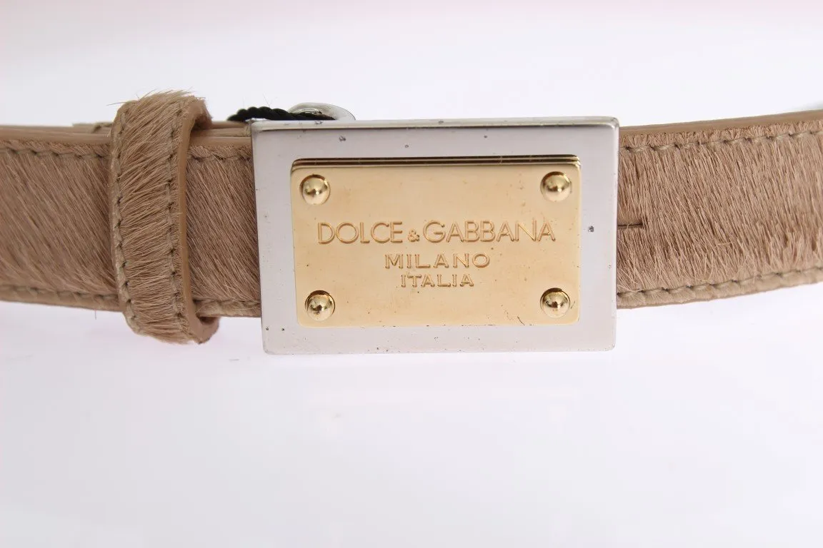 Beige Leather Hair Gold Buckle Belt