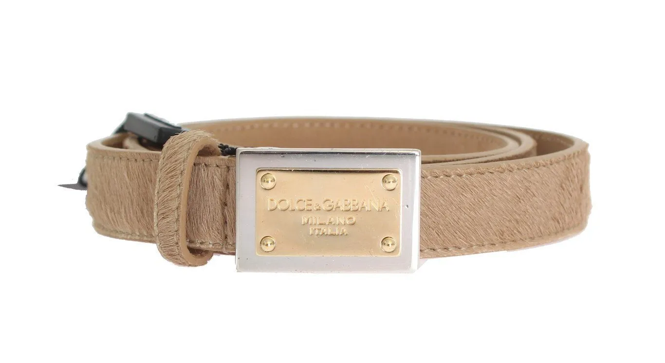 Beige Leather Hair Gold Buckle Belt