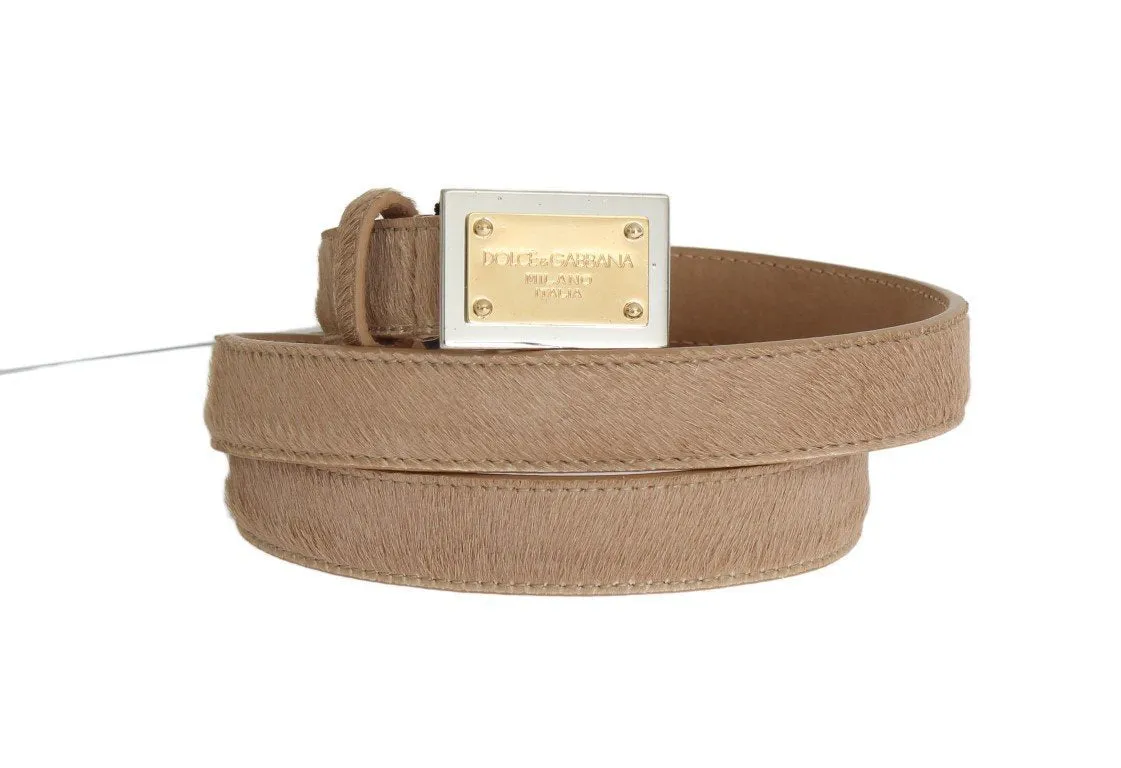 Beige Leather Hair Gold Buckle Belt