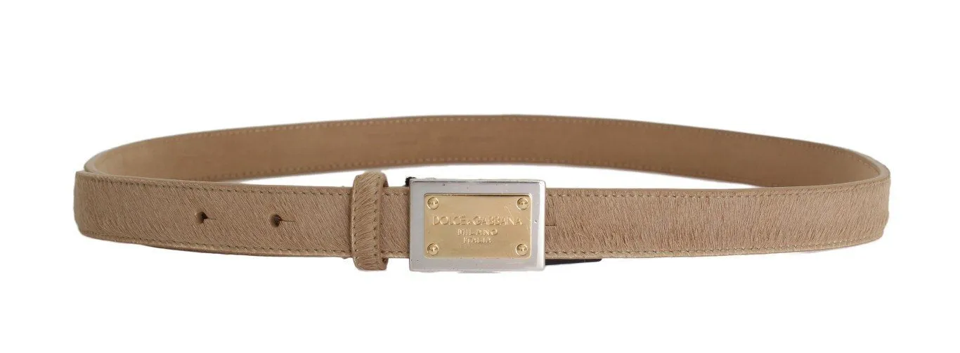 Beige Leather Hair Gold Buckle Belt