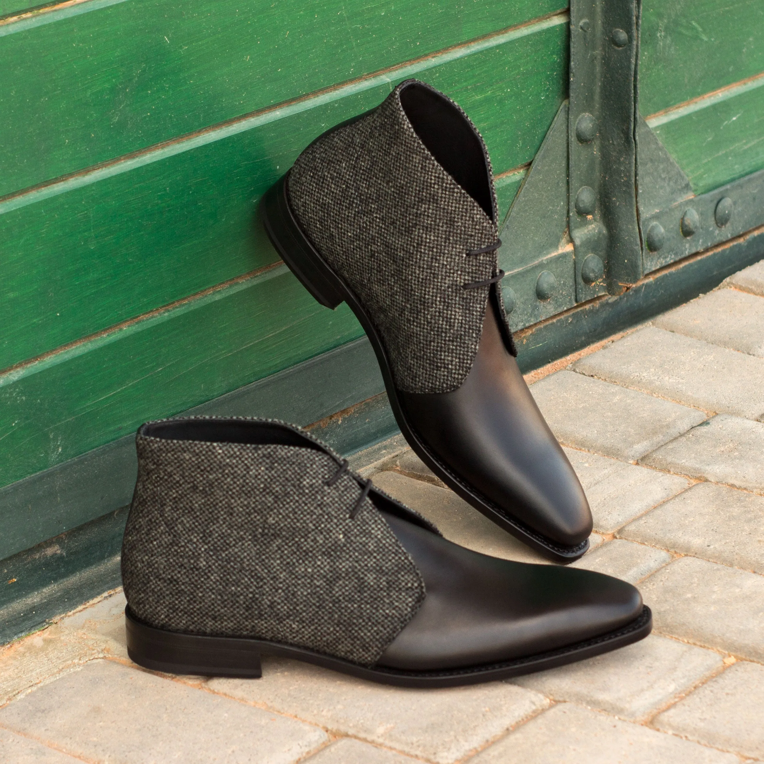 Black Calf Leather & Grey Fabric Chukka Boots