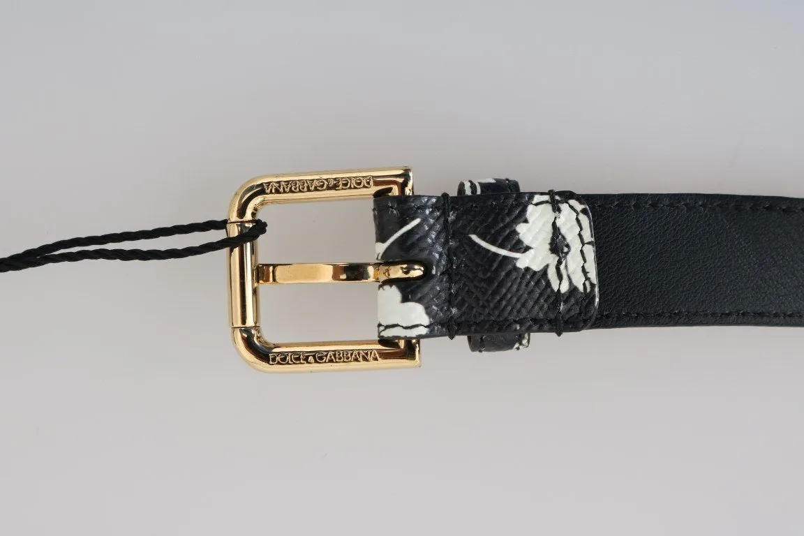 Black Leather Floral Gold Logo Buckle Belt