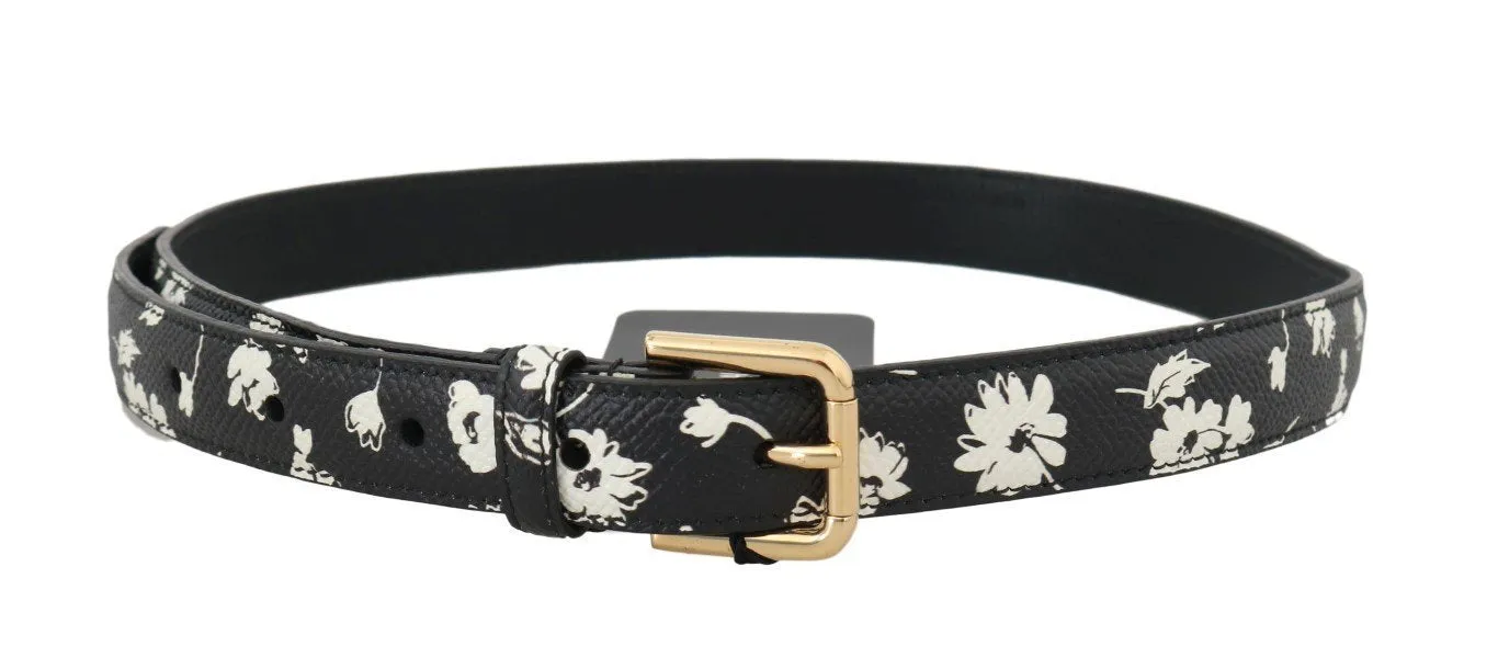Black Leather Floral Gold Logo Buckle Belt