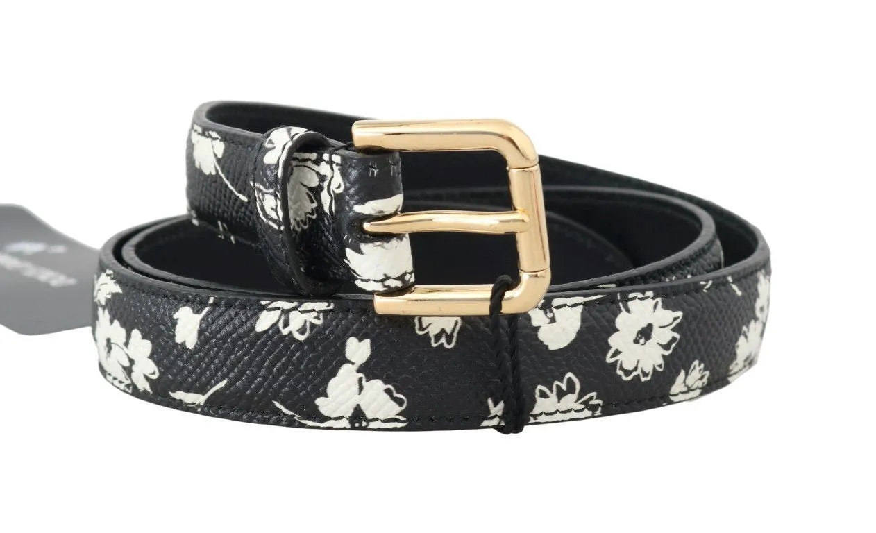 Black Leather Floral Gold Logo Buckle Belt