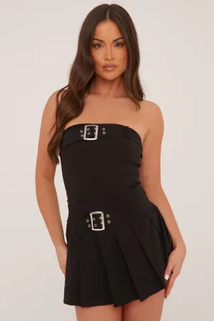 Black Pleat Detail Self Belt Bandeau Playsuit - Paisly