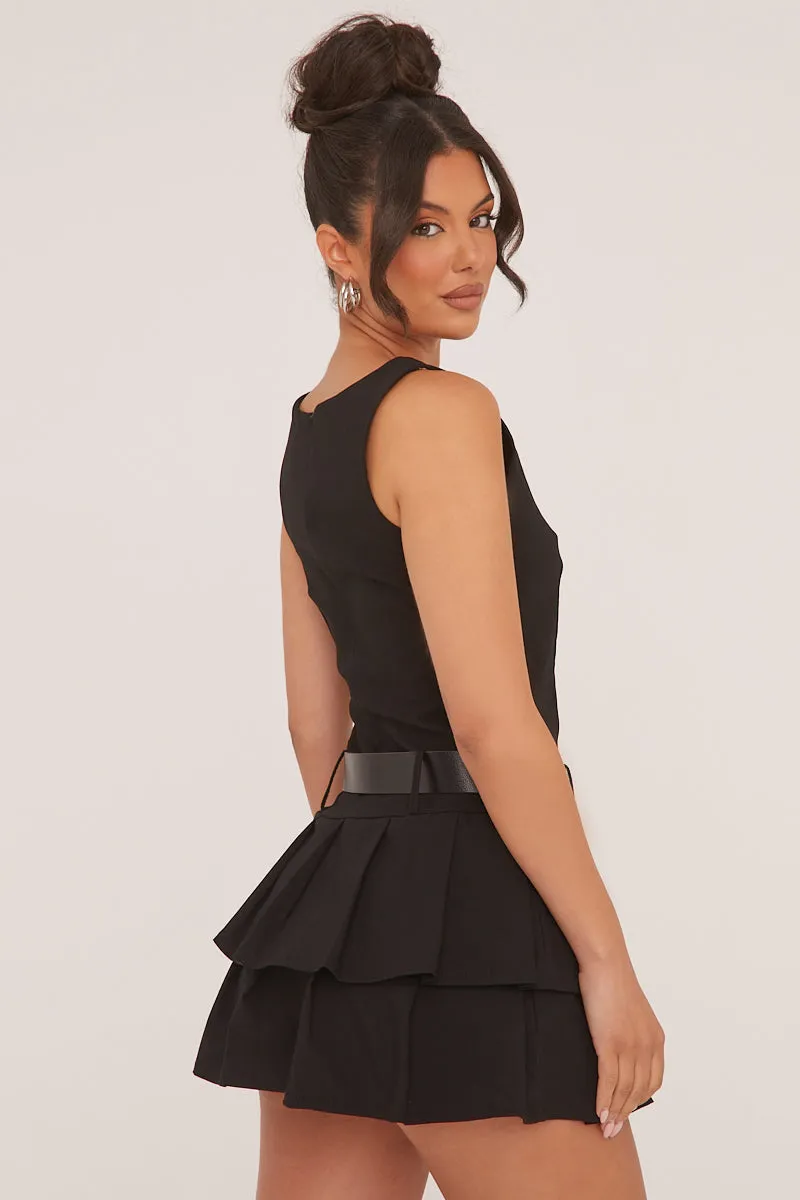Black Pleated Belt Detail Mini Dress - Bobbie
