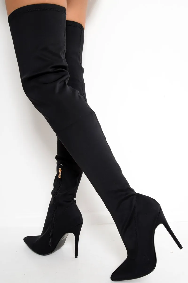 Black Pointed Stretch Thigh High Boots - Aliyan