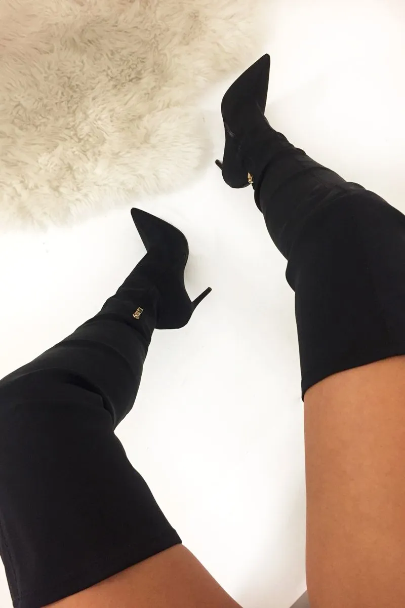 Black Pointed Stretch Thigh High Boots - Aliyan