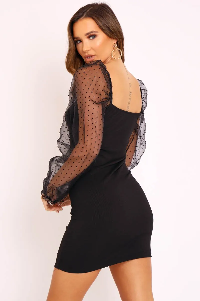 Black Polka Mesh Sleeve Ribbed Dress - Elah