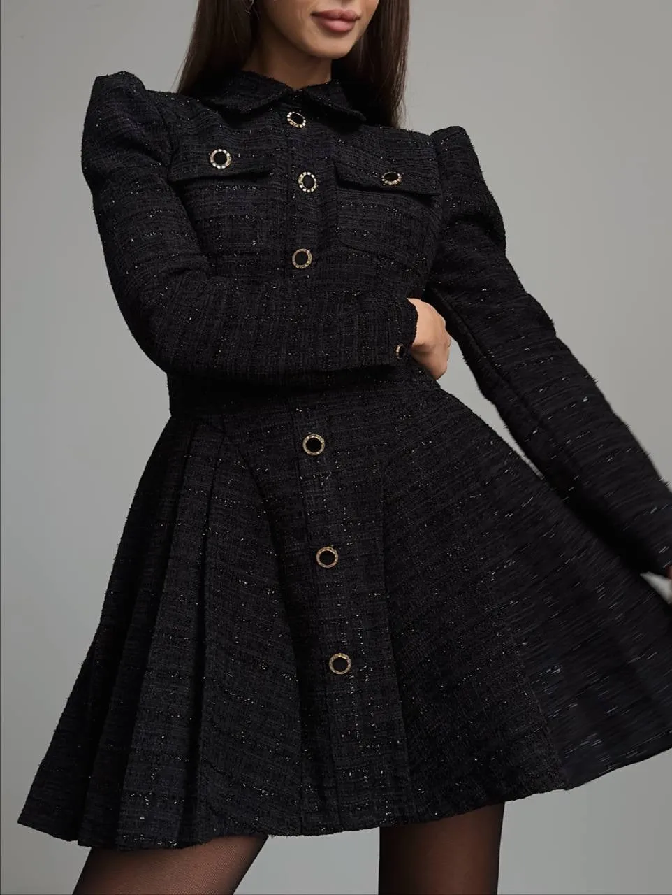 Black Tweed Fit-and-Flare Mini Dress