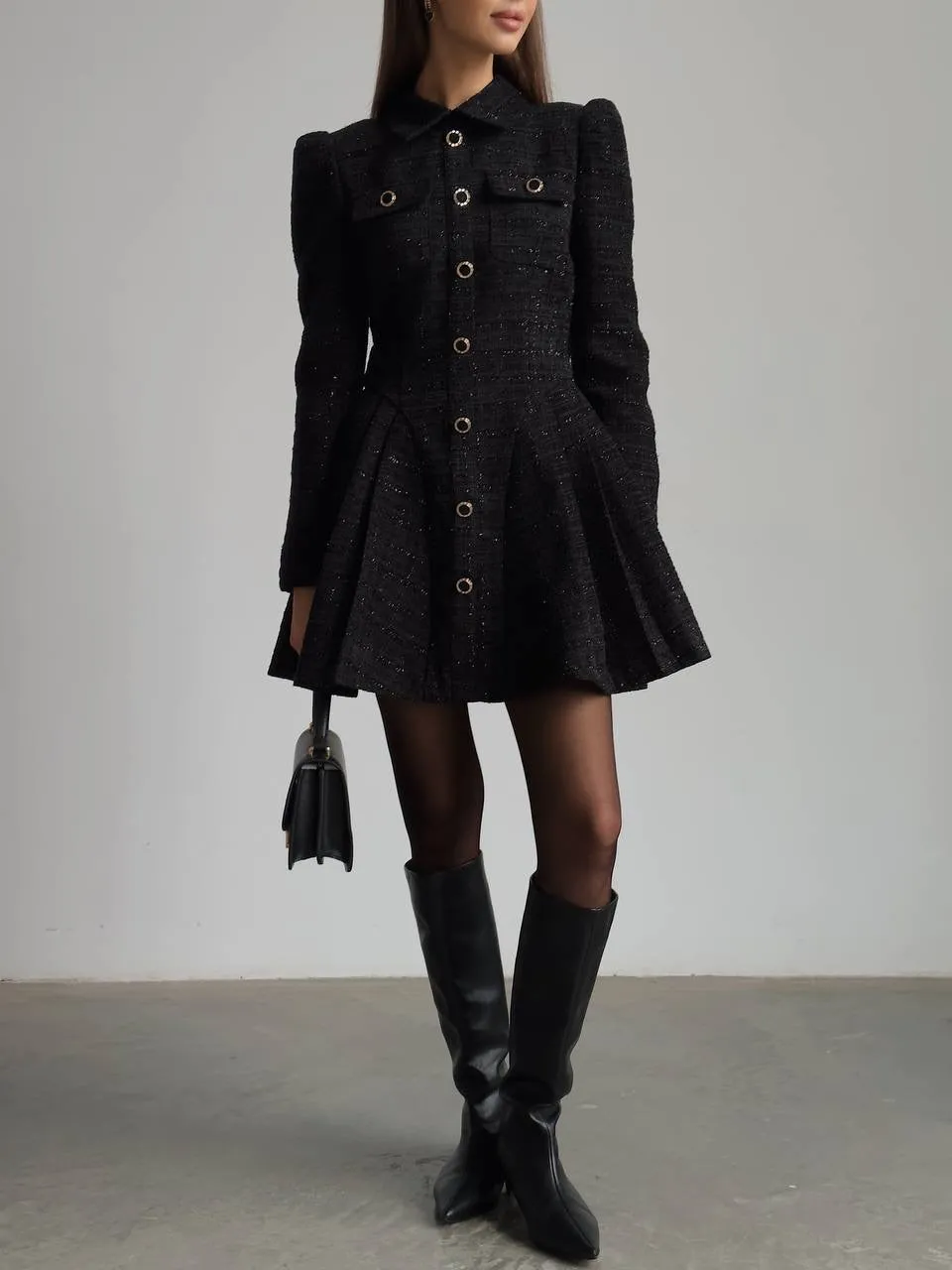 Black Tweed Fit-and-Flare Mini Dress