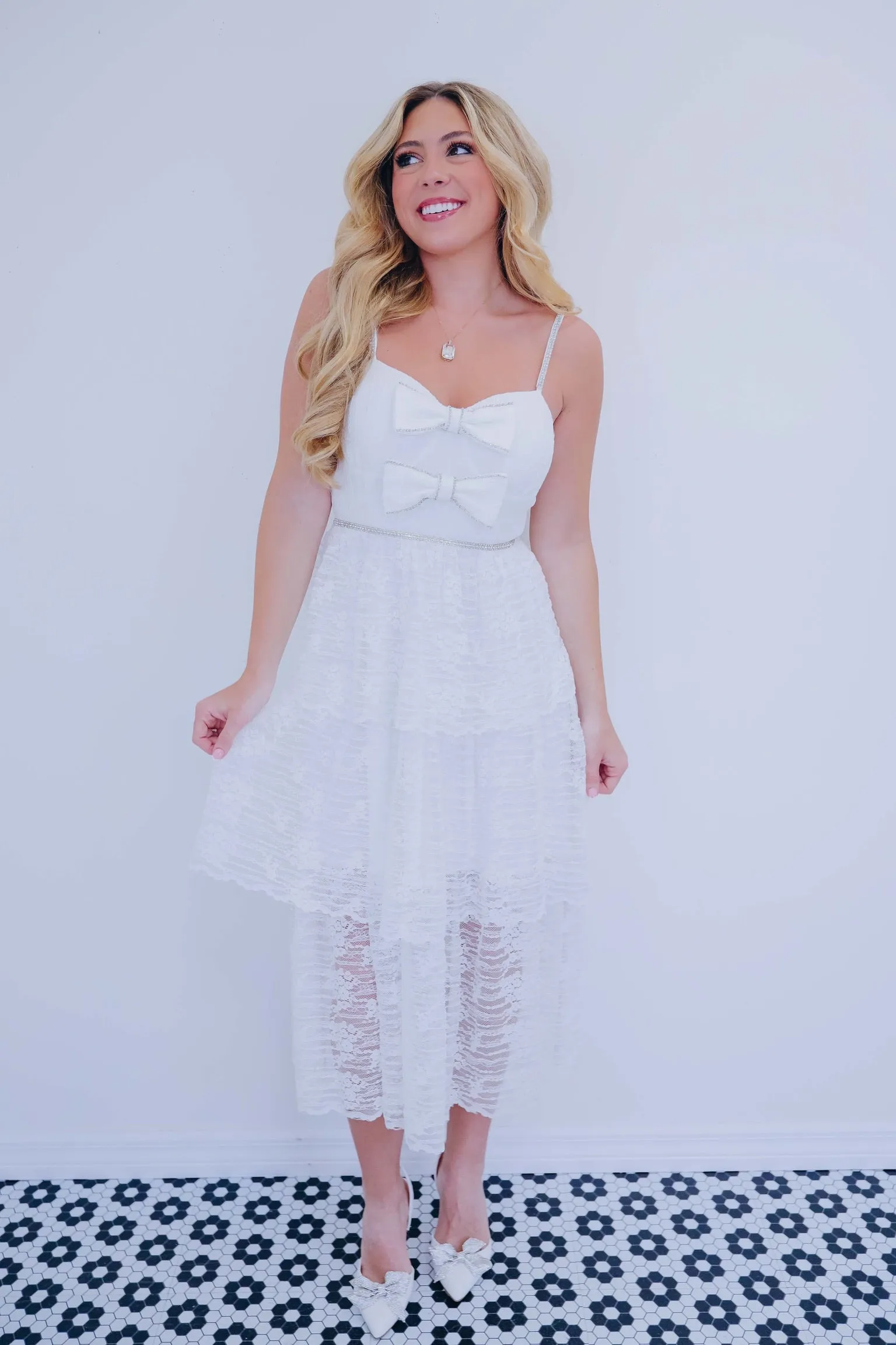 Bow Tie Bling Strapless Lace Midi Dress