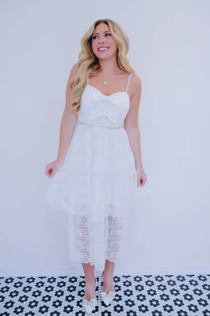 Bow Tie Bling Strapless Lace Midi Dress