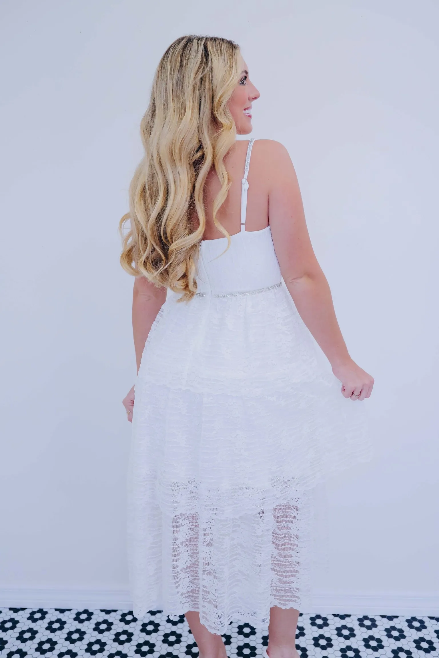 Bow Tie Bling Strapless Lace Midi Dress