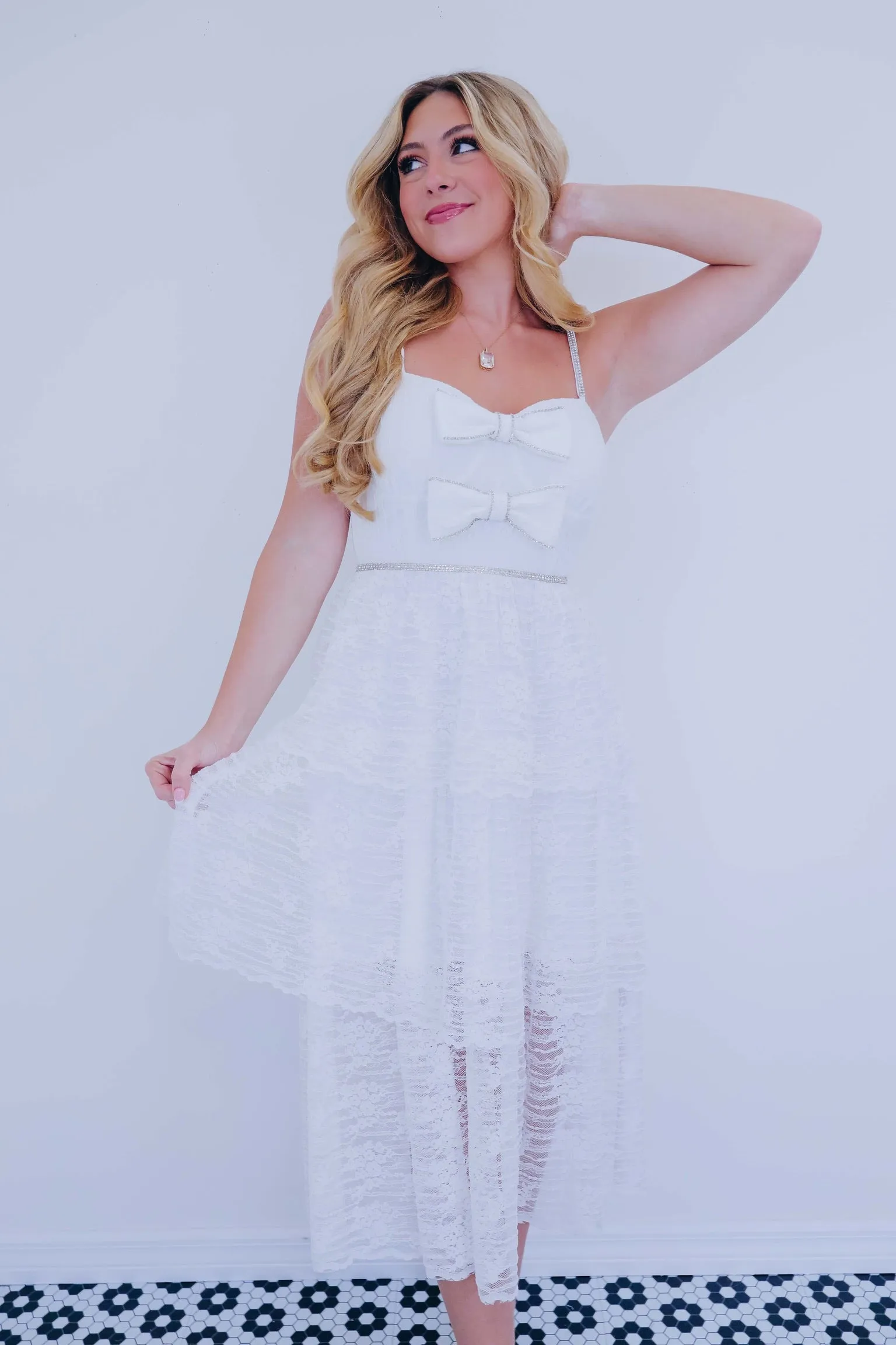 Bow Tie Bling Strapless Lace Midi Dress