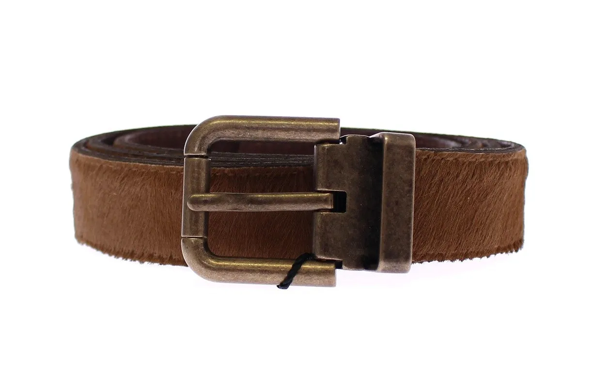 Brown Fur Leather Logo Belt