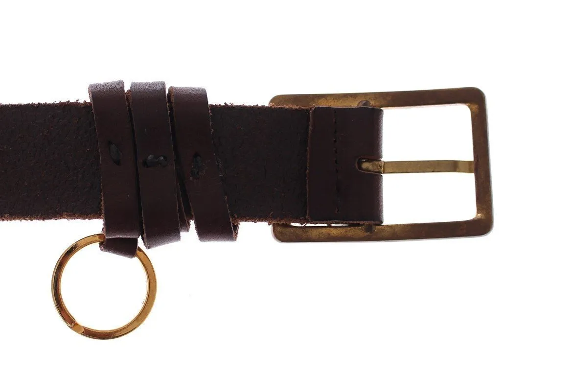 Brown Leather Logo Waist Gold Buckle Belt