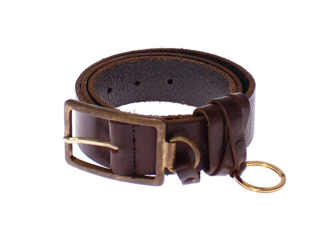 Brown Leather Logo Waist Gold Buckle Belt