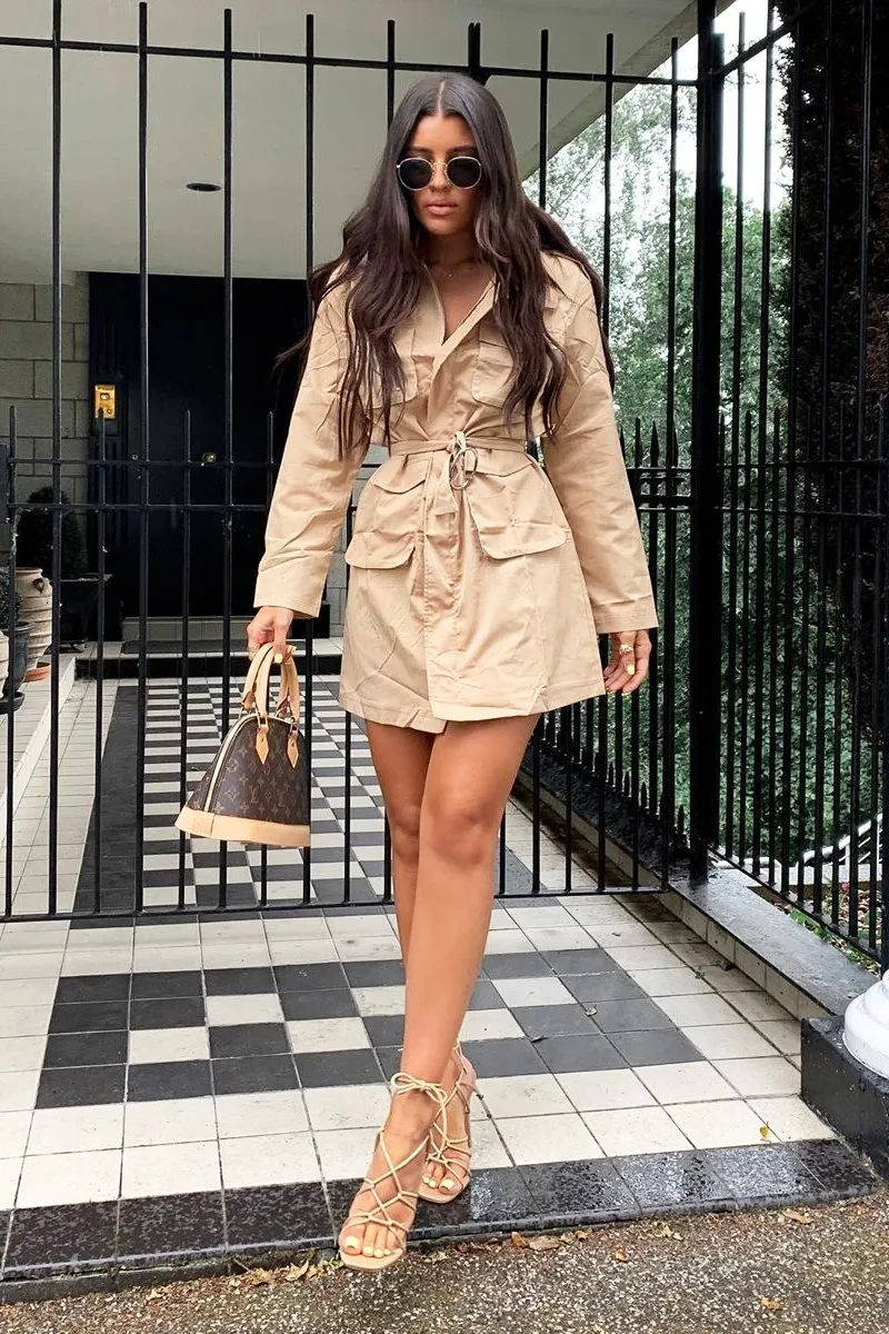 Camel Utility Belted Zip Front Shirt Dress - Meliyah