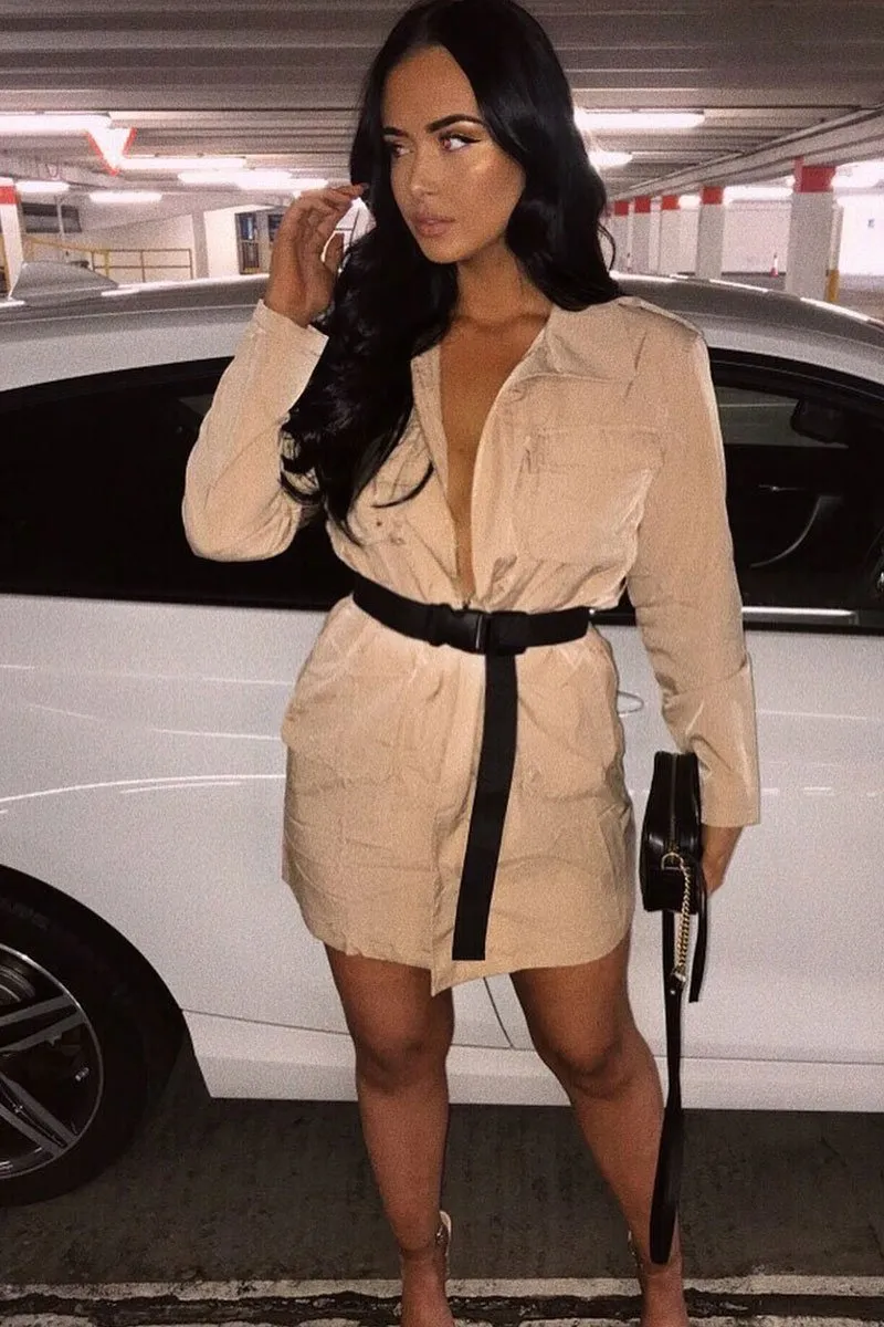 Camel Utility Belted Zip Front Shirt Dress - Meliyah