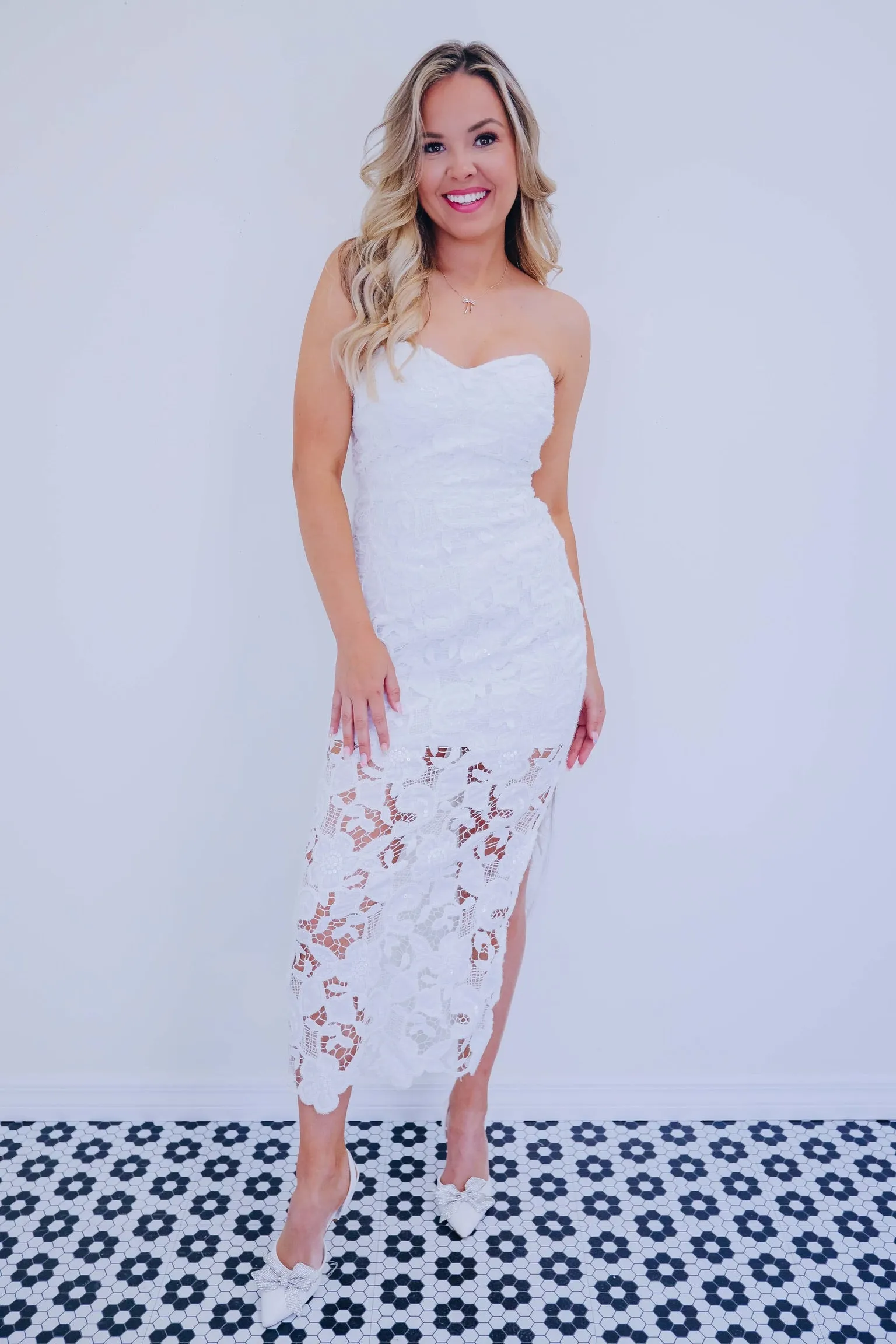Camellia Crochet Lace Strapless Midi Dress