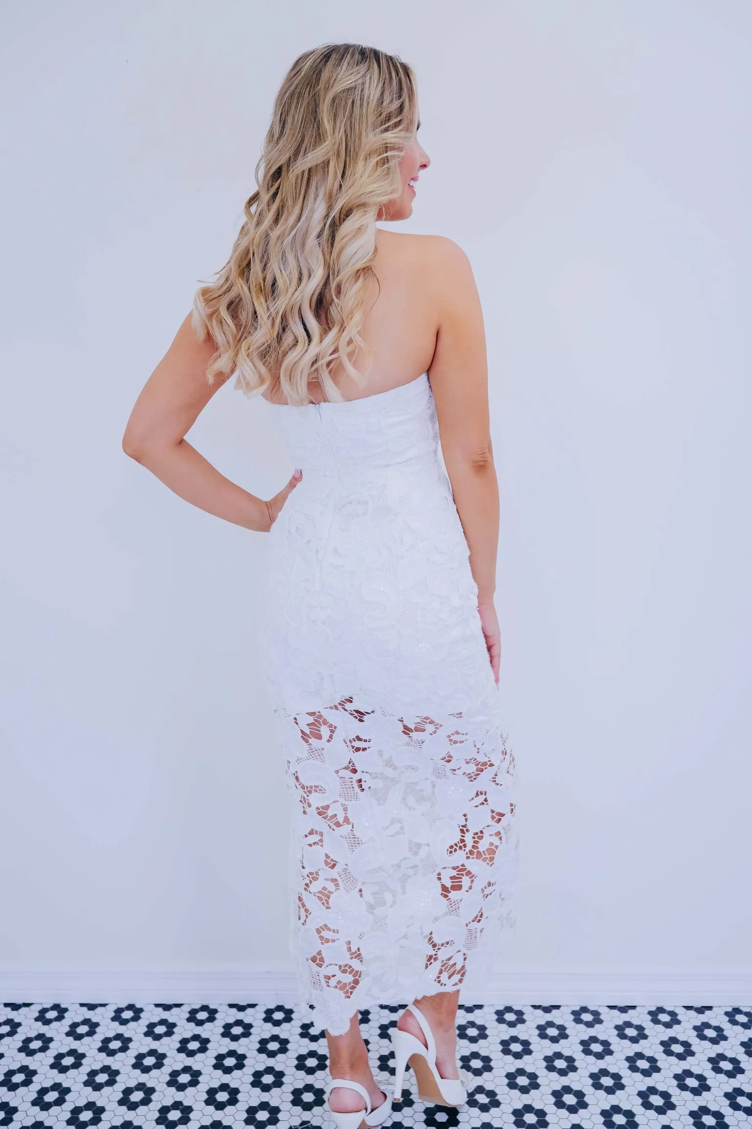 Camellia Crochet Lace Strapless Midi Dress