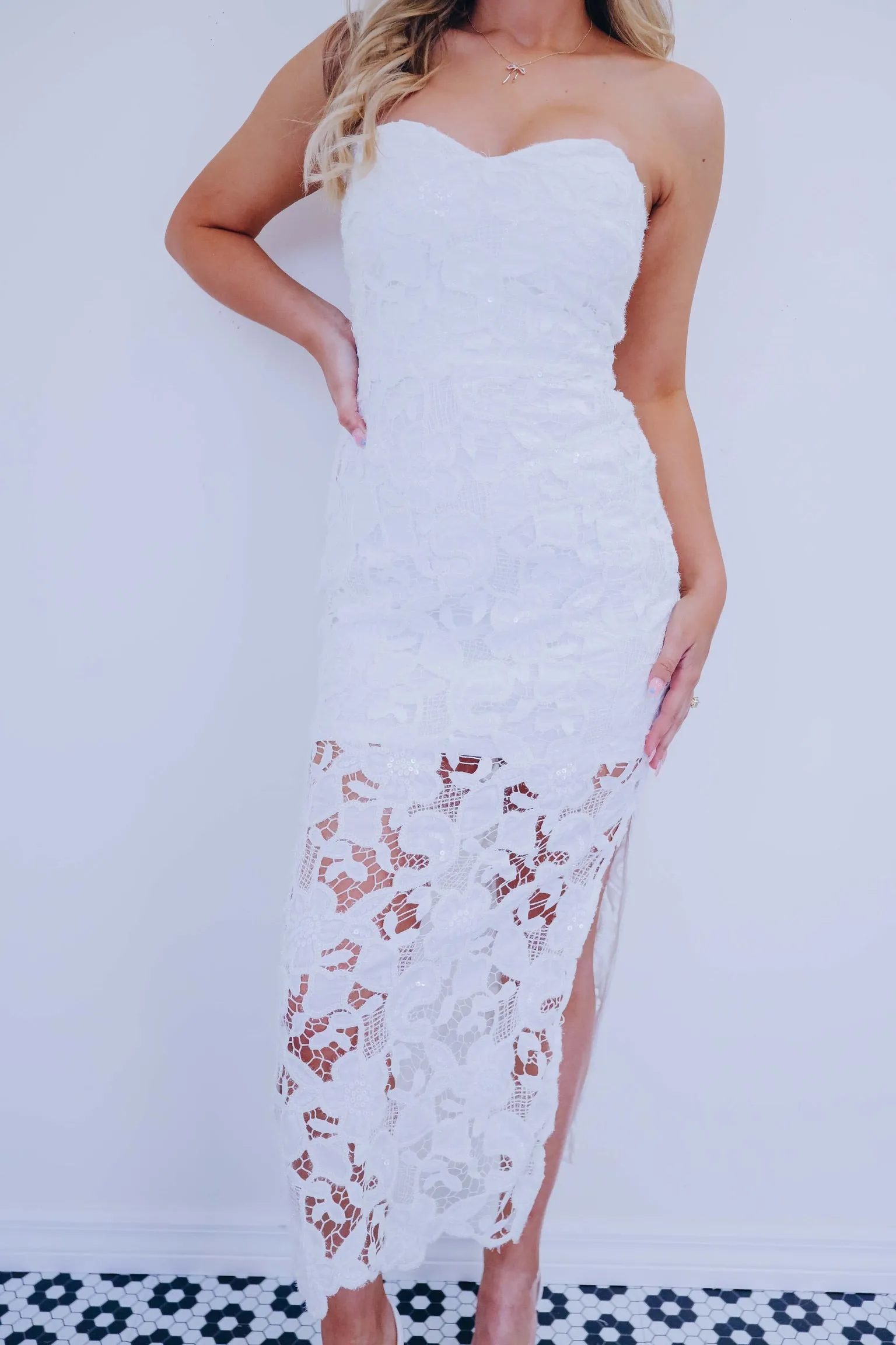Camellia Crochet Lace Strapless Midi Dress