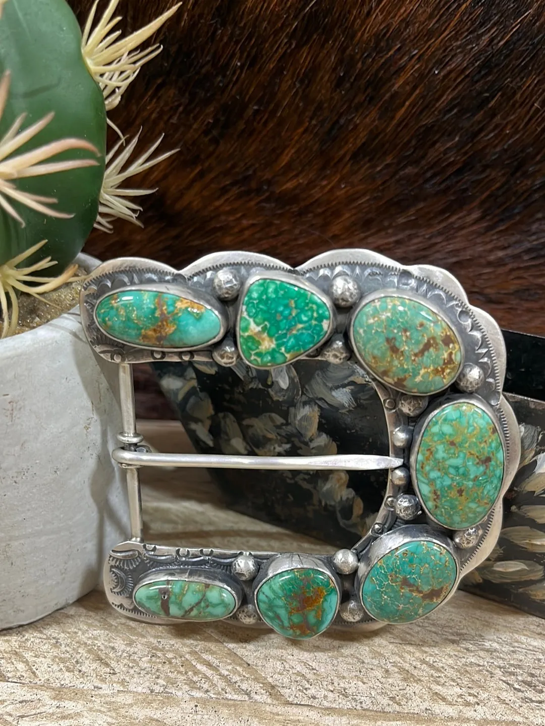 Caribou Sterling Silver and Turquoise U Shaped Belt Buckle