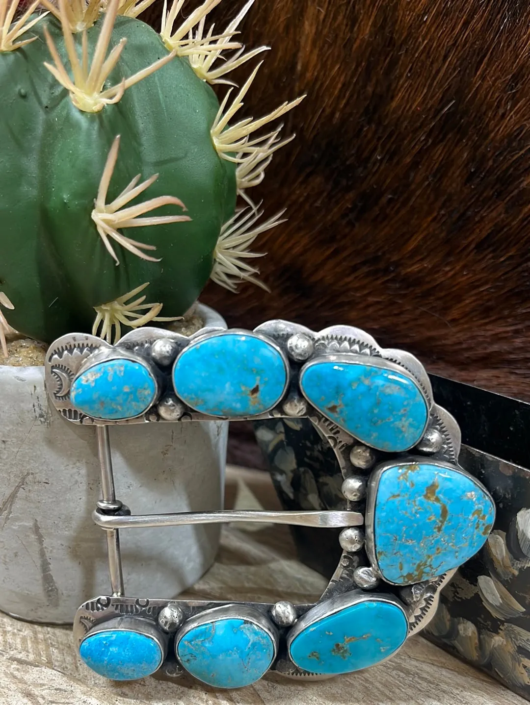 Caribou Sterling Silver and Turquoise U Shaped Belt Buckle