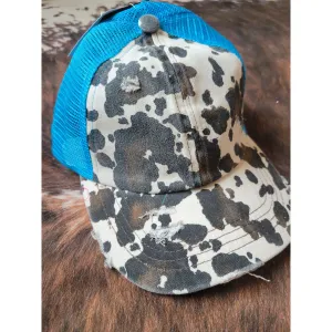 C.C. Cow Print Criss Cross Ponytail Hat - Turquoise