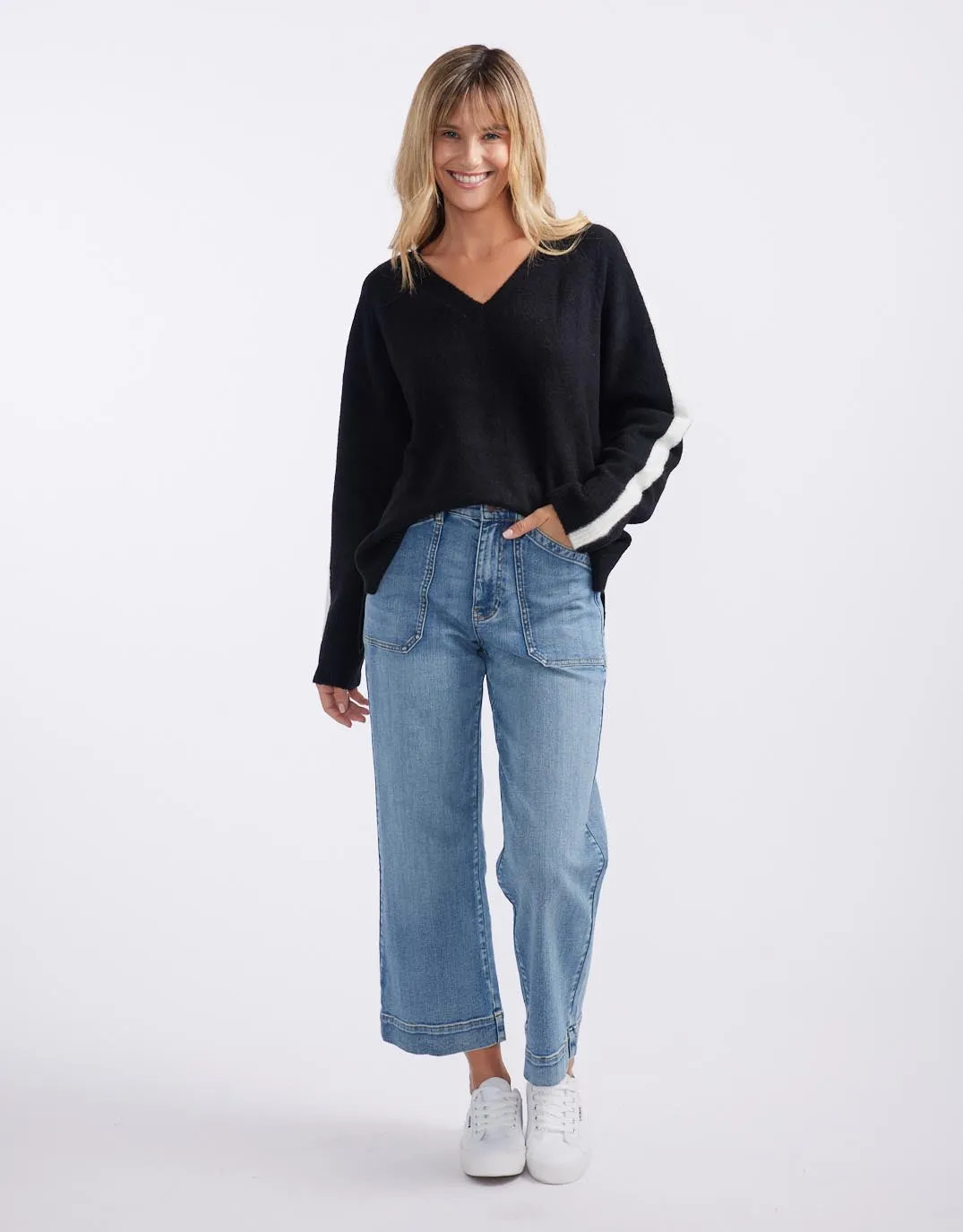 Chalet V Neck Knit Jumper - Black/White