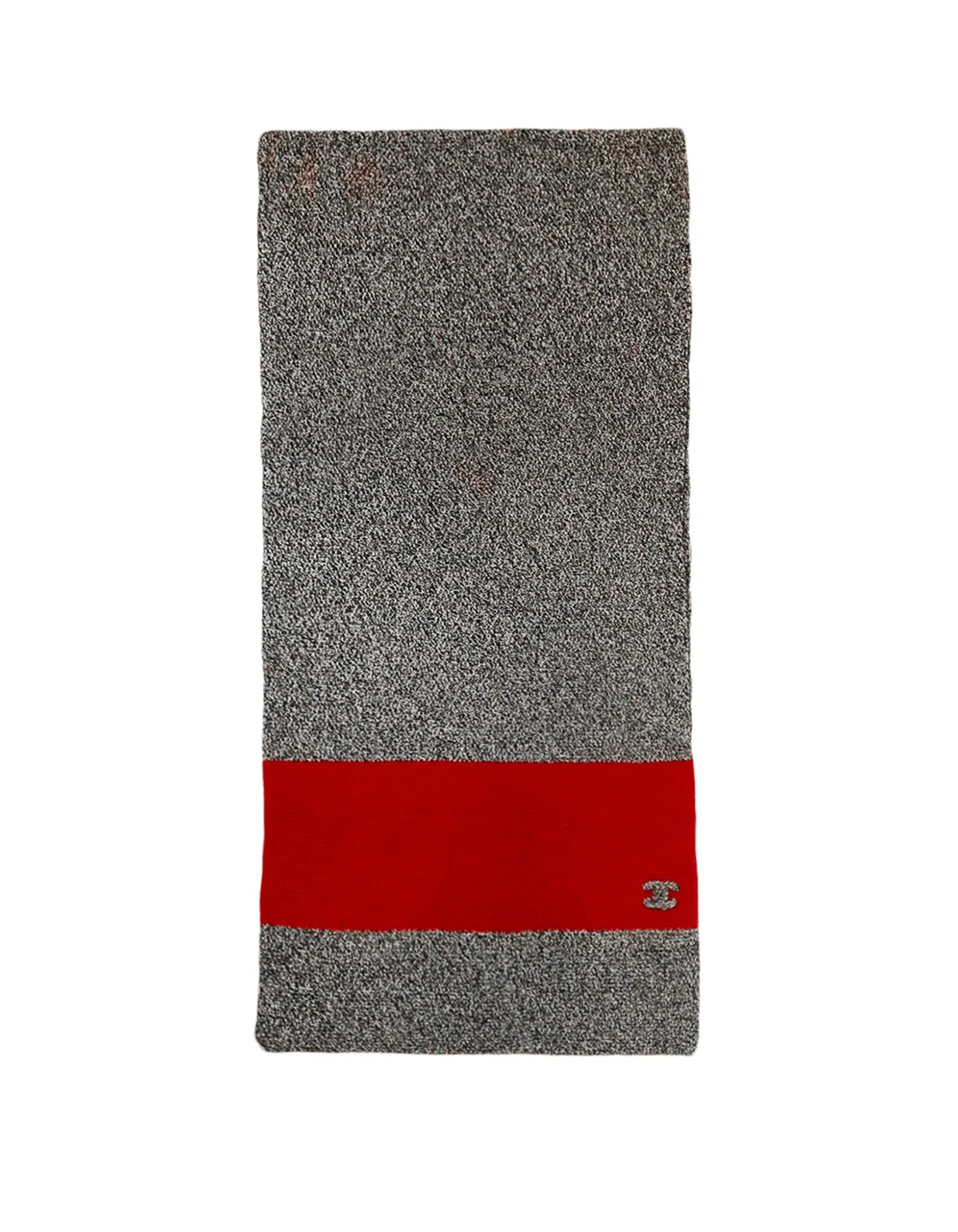 Chanel Black & White Cashmere w/ Red Trim Knit 88" Scarf w/ Puffy CC Detail