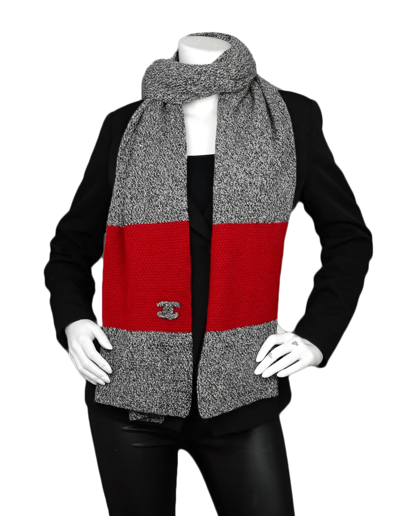 Chanel Black & White Cashmere w/ Red Trim Knit 88" Scarf w/ Puffy CC Detail