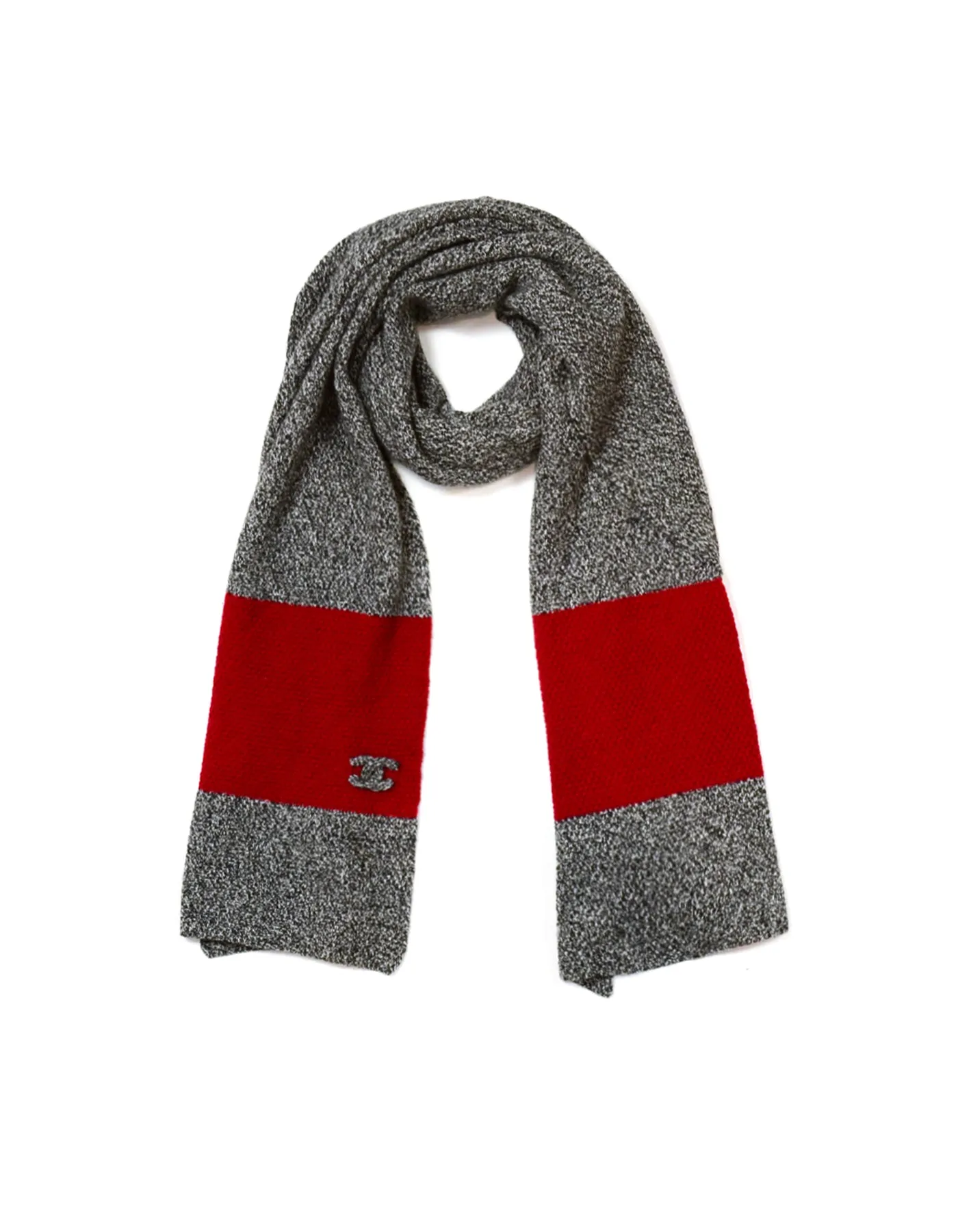 Chanel Black & White Cashmere w/ Red Trim Knit 88" Scarf w/ Puffy CC Detail