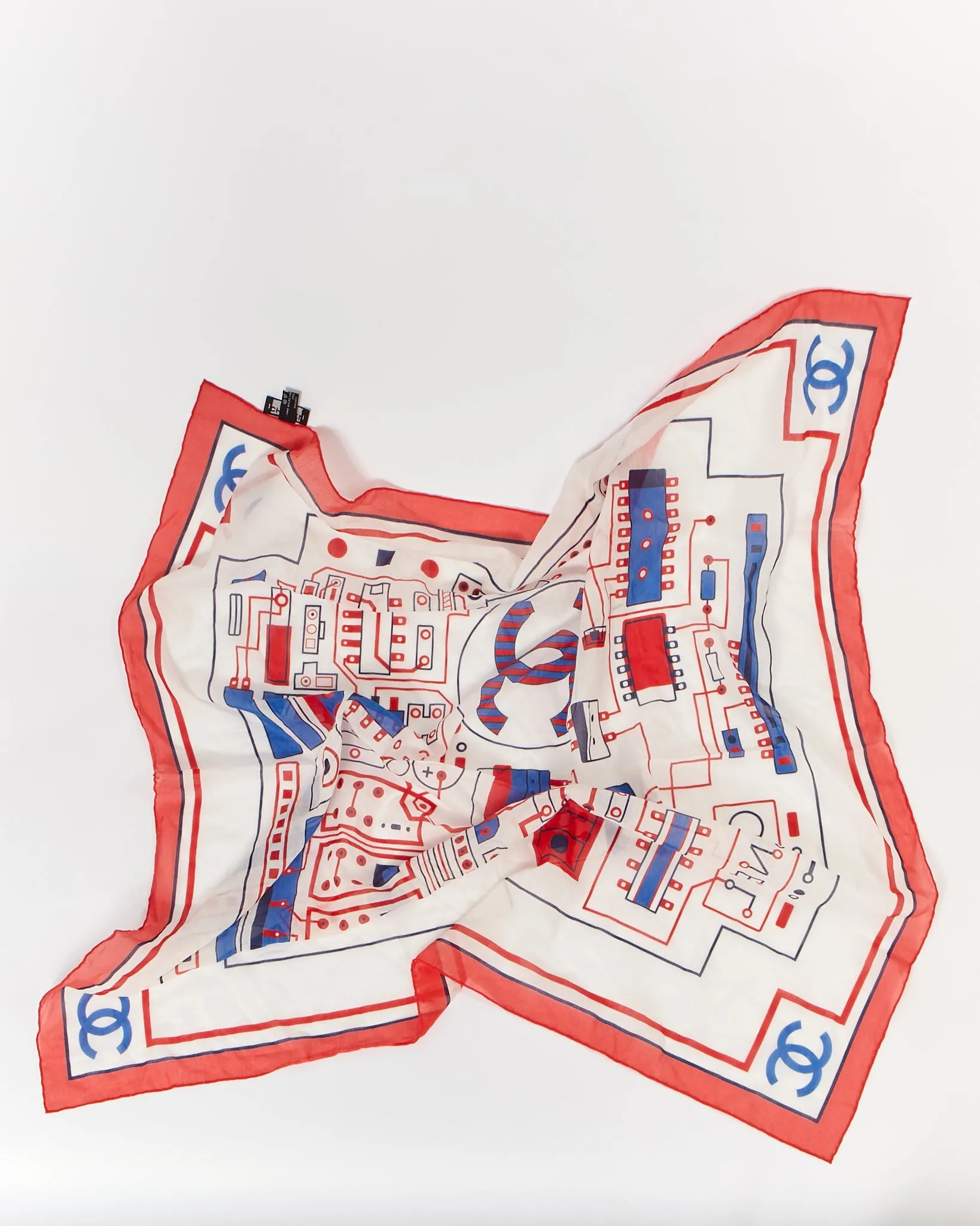 Chanel White/Blue/Red Electric Circuit Cotton Square Scarf