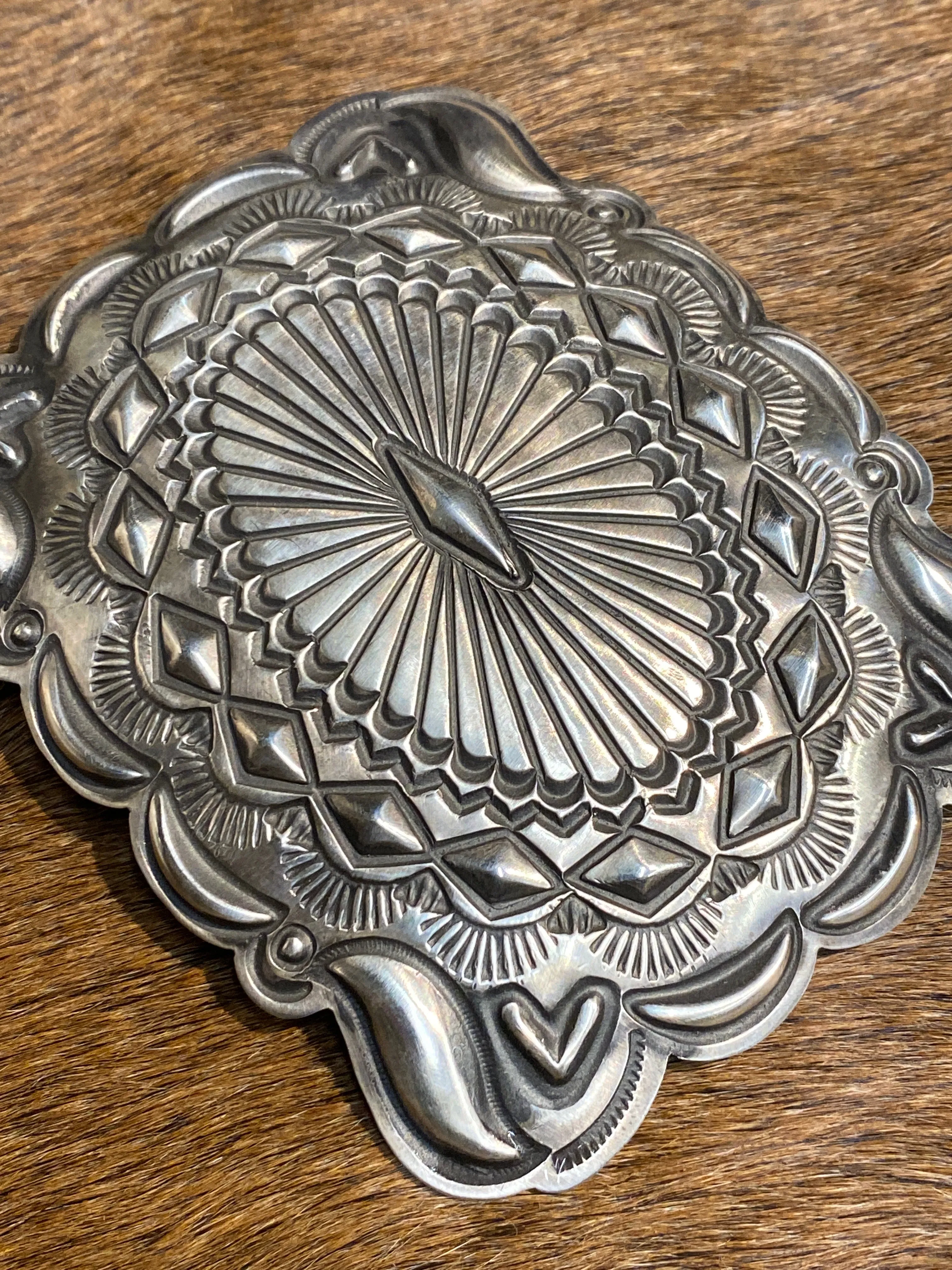 Chevy Large Sterling Diamond Center Stamped Belt Buckle