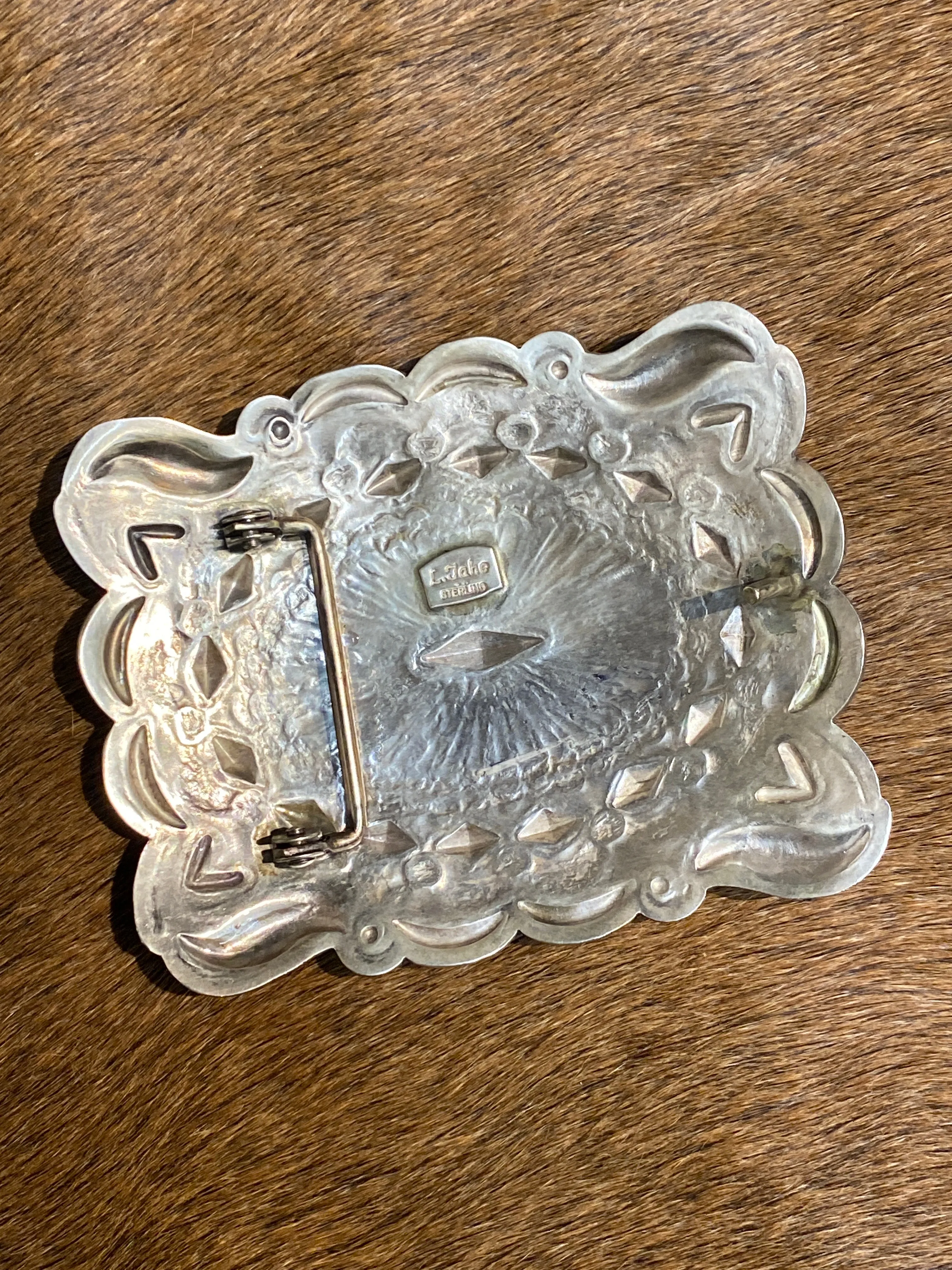 Chevy Large Sterling Diamond Center Stamped Belt Buckle